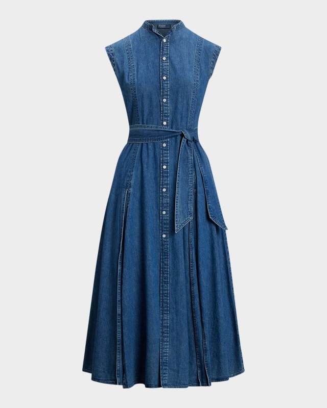 Belted Denim Sleeveless A-Line Dress